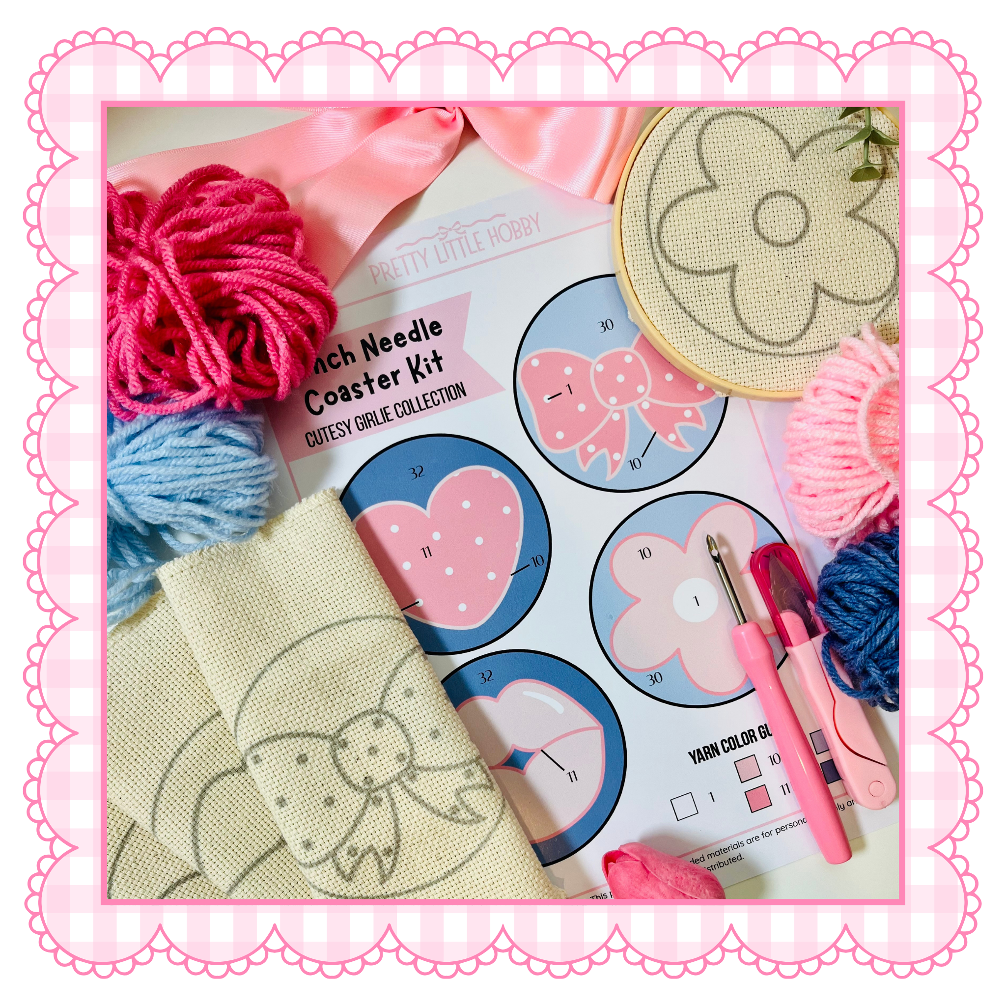 Cutesy Girlie Punch Needle Coaster Kit - 4 Design Bundle