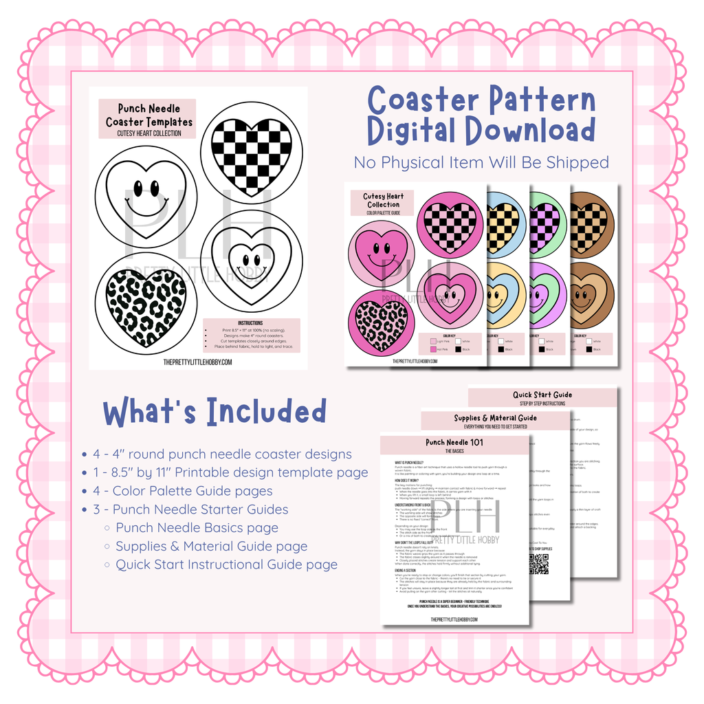 Punch Needle Coaster Pattern Set – Cutesy Heart Collection – Printable Template + Color Guides + Starter Instructions – Digital Download