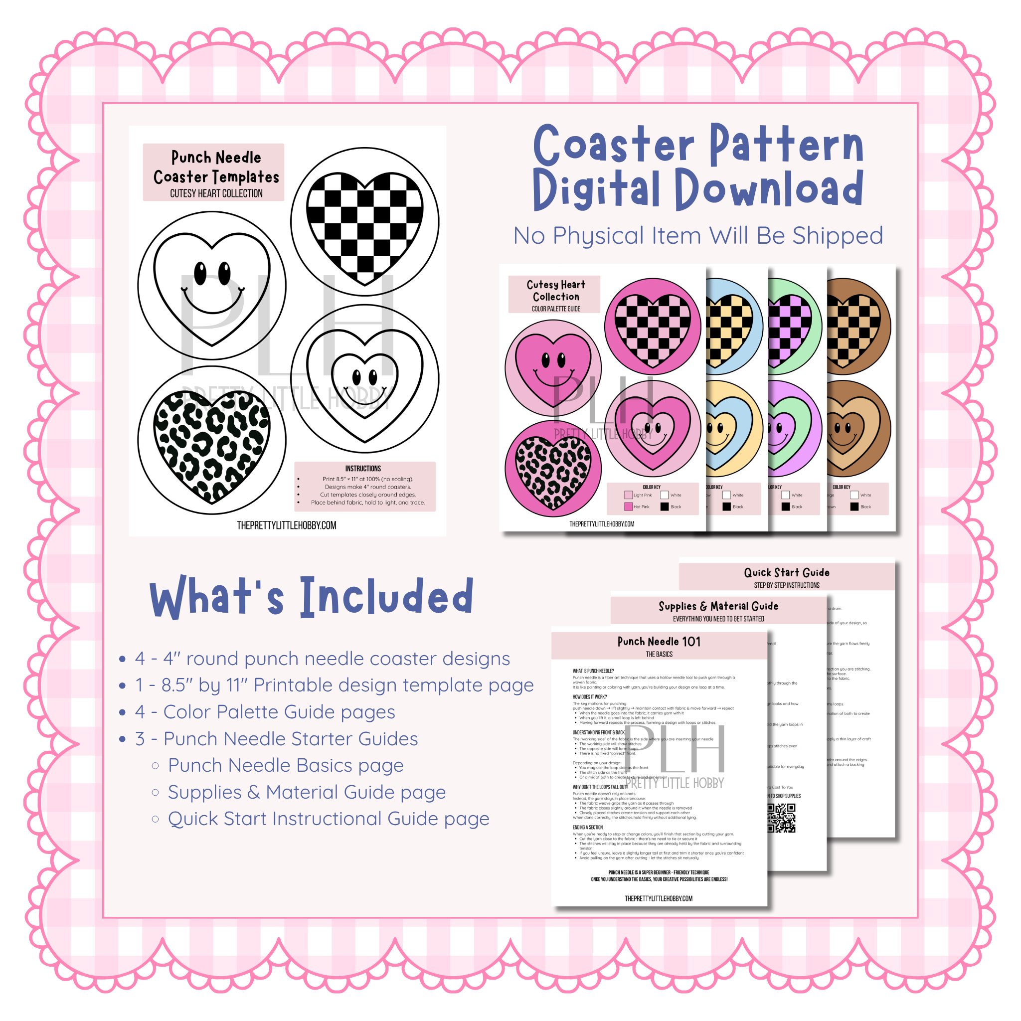 Punch Needle Coaster Pattern Set – Cutesy Heart Collection – Printable Template + Color Guides + Starter Instructions – Digital Download