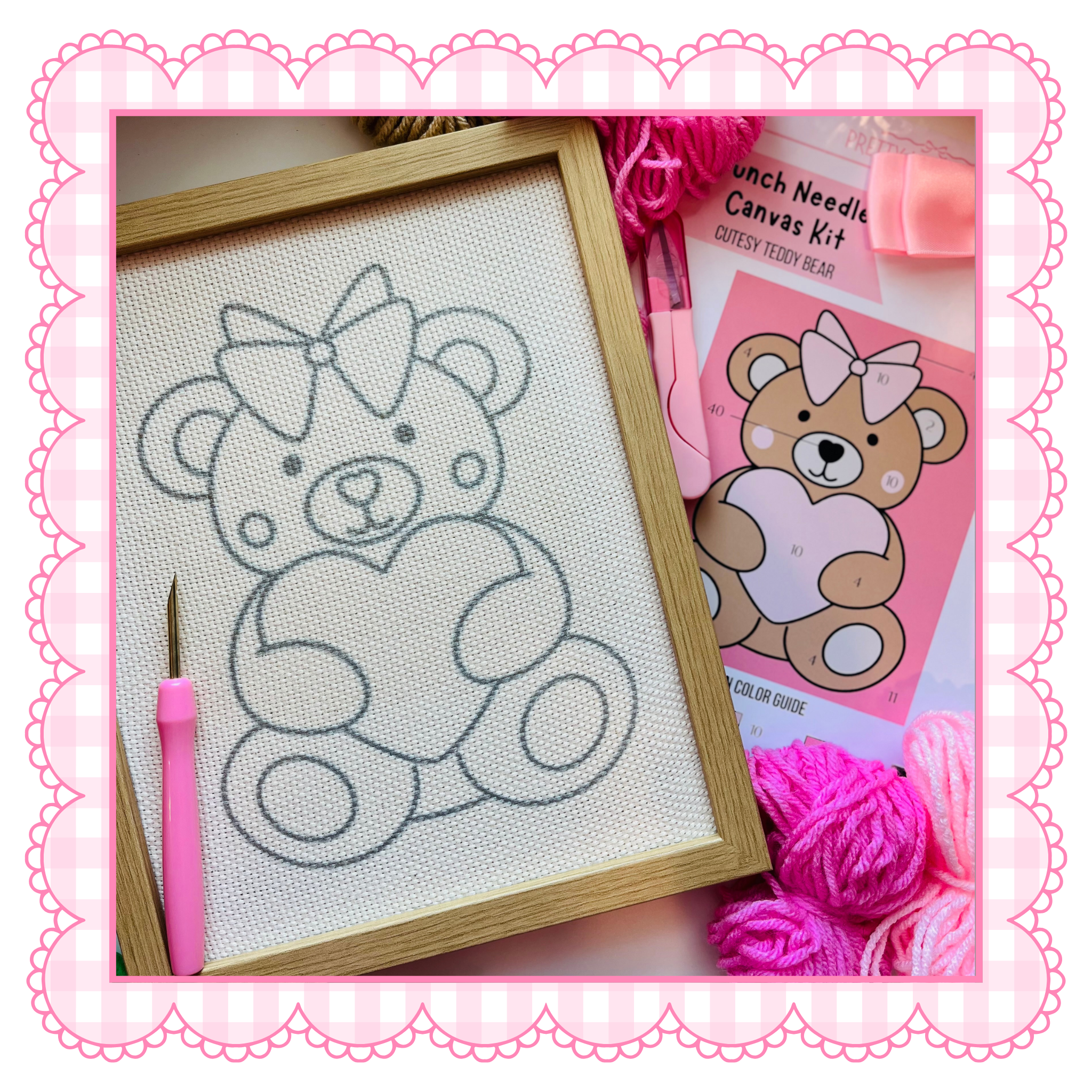 Cutesy Teddy Bear Punch Needle Canvas Kit